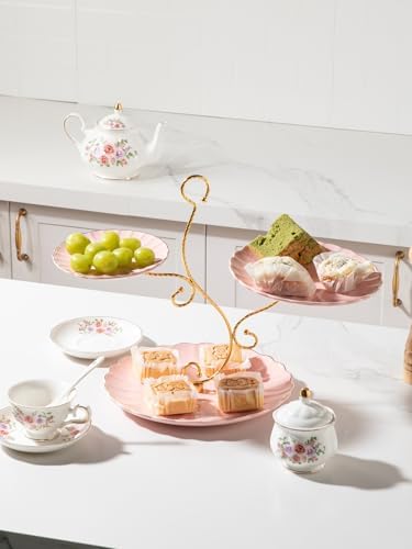 Sweejar 3 Tier Ceramic Cake Stand Wedding, Dessert Cupcake Stand for Tea Party Serving Platter (Milk Pink) - Image 5