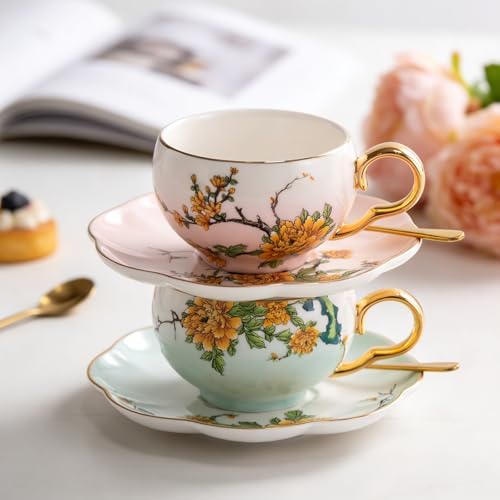 KAMMAK Tea Cups and Saucers Set of 2, Porcelain Coffee Cups, NX039 - Image 6
