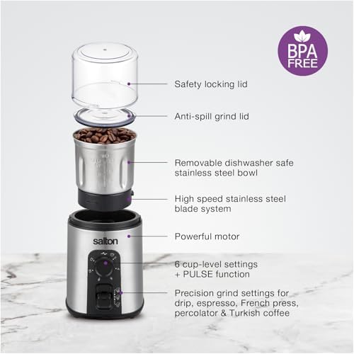 Salton Stainless Steel Smart Coffee Grinder, Electric Blade for Ground Coffee, Spices, Herbs, Nuts with Stainless Steel Blade, 80g/12 cup capacity (CG2123) - Image 5