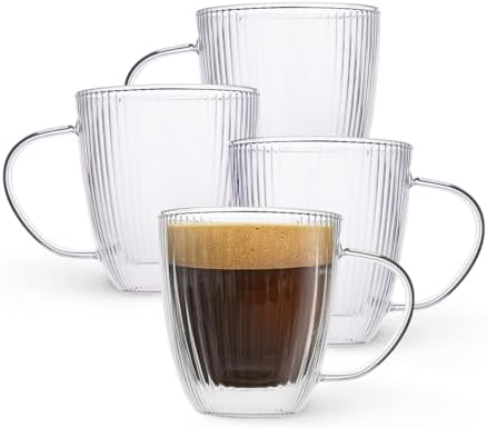 Jayour Fluted Double-Wall Glass Coffee Mugs | 15oz Latte & Cappuccino Mugs | Modern Ribbed Design - Set of 4 by Jayour