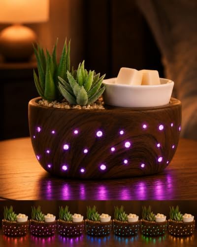 Ceramic Succulent Electric Wax Melt Warmer, 7-Color Flameless LED Light by Waxarapy