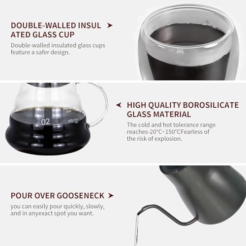 Pour Over Coffee Maker Set, Portable coffee Set - Manual Coffee Grinder, Coffee Dripper Set, Gooseneck Kettle，two cups, suitable for Camping, RV, Home, and Office - Image 3