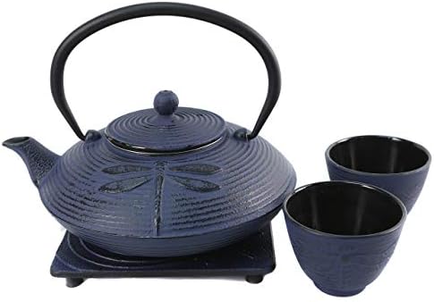 Cuisiland 27oz Cast Iron Teapot Set, Japanese Tetsubin Teapot with Enamel Coated Interior, Dragonfly Design, Excellent Heat Retention, Includes Infuser, Trivet & 2 Tea Cups (Blue) by Cuisiland
