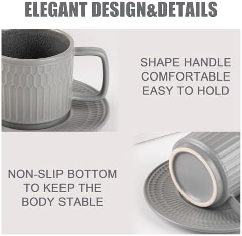 8oz Cappuccino Cups with Saucers Set of 4, 8 Ounce Stackable Embossed Ceramic Coffee Mugs for Specialty Coffee Drinks, Latte Mugs, Cafe Mocha and Tea, Dishwasher & Microwave Safe (Grey) - Image 4