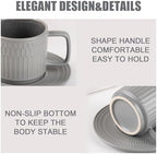 8oz Cappuccino Cups with Saucers Set of 4, 8 Ounce Stackable Embossed Ceramic Coffee Mugs for Specialty Coffee Drinks, Latte Mugs, Cafe Mocha and Tea, Dishwasher & Microwave Safe (Grey) - Image 4