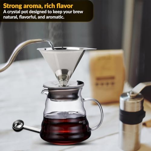 CASA BRAVA Glass Pour Over Coffee Maker Set – 28oz (850ml) Heat-Resistant Carafe with Stainless Steel Reusable Dripper, Bamboo Stand & Measuring Spoon – Plastic-Free Drip Coffee Brewer - Image 2