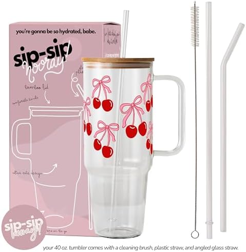 Sip-Sip Hooray! Coquette Cherry Bow 40oz Glass Tumbler with Lid and Straw - Image 3