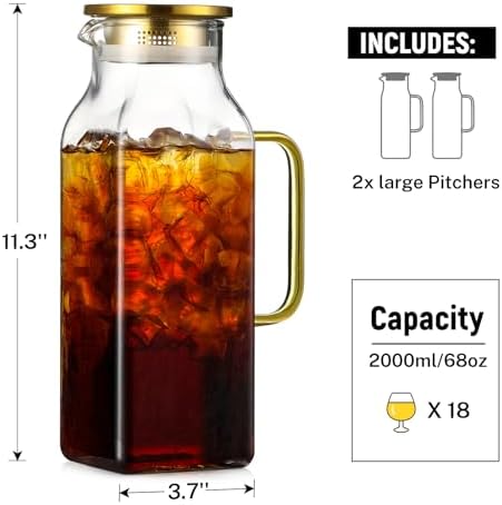 2 Pack 2 Liters/68 oz Square Glass Pitcher with Lid and Handle for Fridge, Iced Tea and Coffee Carafe Beverage Serveware, Heat Resistant Borosilicate Water Gold Jug for Hot/Cold Drinks and Milk - Image 2