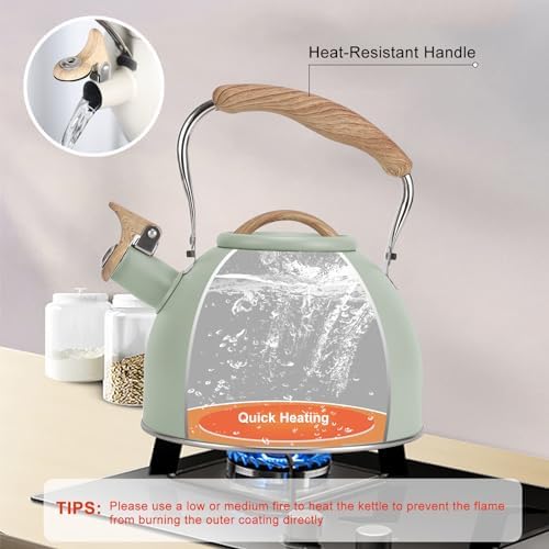 Tea Kettle, Vegoran 100 OZ / 3 Liter Whistling Tea Kettle, Tea Pots for Stove Top Food Grade Stainless Steel with Wood Pattern Folding Handle, Loud Whistle Kettle for Tea, Coffee, Milk (Green) - Image 4