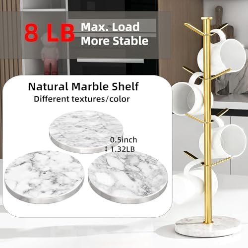Gypie Gold Mug Holder Tree with Marble Base, 8 Hooks Standard Coffee Cups - Image 2