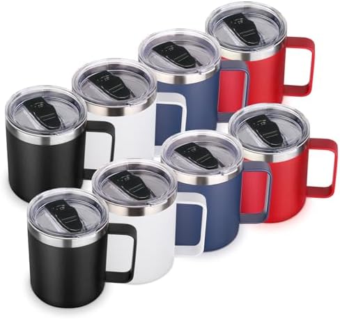 Volhoply 14oz Insulated Stainless Steel Coffee Mug with Lid Bulk 8 Pack,Double Wall Vacuum Travel Coffee Cup with Handle,Reusable Cups Tumbler Cup, Camping Mugs Keep Hot,Ideal Gifts(Assorted,8) by LiveFully%EF%BC%8CDrinkFreely%E2%80%94KeepGoingwithVolhoply%EF%BC%81