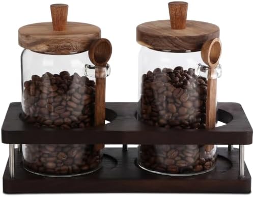 Suclain Glass Coffee Grounds Container with Shelf 2 x 29 oz Glass Coffee Bean Storage Canisters with Airtight Thread Lid and Measuring Spoon for Kitchen Sugar(Novel Style, Wood) by Suclain
