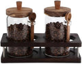 Suclain Glass Coffee Grounds Container with Shelf 2 x 29 oz Glass Coffee Bean Storage Canisters with Airtight Thread Lid and Measuring Spoon for Kitchen Sugar(Novel Style, Wood) by Suclain