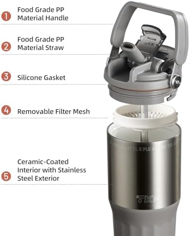 TKK 24 oz Ceramic Coated Tumbler with Straw Lid, 18/10 Stainless Steel Vacuum Tumblers, Leakproof Double Walled Iced Car Cup with Handle & Tea Infuser& Dishwasher Safe, for Hot & Cold Drinks, Grey - Image 3