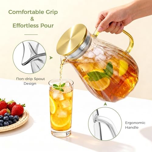 2 Pack Glass Pitcher with Lid and Handle for Fridge, Iced Tea and Coffee Carafe Beverage Serveware, 2 Liters/68 oz Heat Resistant Borosilicate Water Jug for Hot/Cold Drinks - Image 6