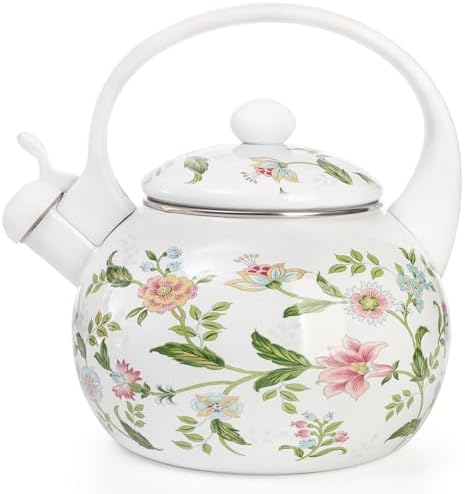 Jucoan 2.3 Quart Vintage Enamel Tea Kettle, Whistling Tea Kettle for Stove Top, Floral Enamel on Steel Teakettle Teapot for Home Kitchen Camping, Gift for Wedding Housewarming Mother's Day by Jucoan