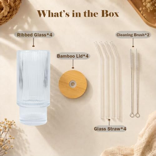Glass Cups with Lids and Straws 16 oz Ribbed Drinking Glasses Set - Image 7