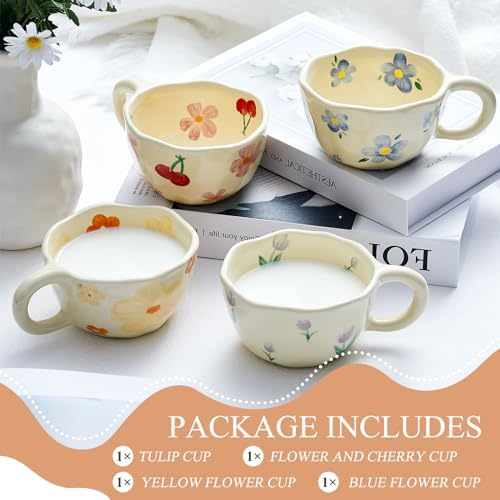 Vesici 4 Pack Ceramic Flower Coffee Mug with Spoon 8.5 oz Cute Tea Cup - Image 3