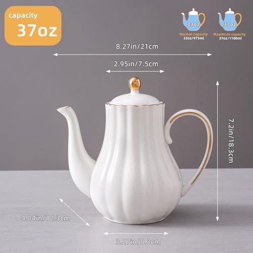 Agyiuns Tea Pot, Porcelain Teapot 37oz，tea pots for tea party，Tea Infuser Pots for Blooming loose Leaf Tea(White) - Image 2