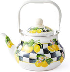 Checkered Tea Kettle with Lemon Pattern, 2 qt Enamel Stovetop Pot by Unknown