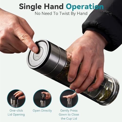 COMI Tea Bottle with Infuser,Double-Wall Glass Travel Mug with One Click Open Lid, Leak Proof Tea Infuser Bottle for Loose Leaf, Fruit & Flower Infused Drinks, Heat & Cold Resistant, Tea Gift Set - Image 2