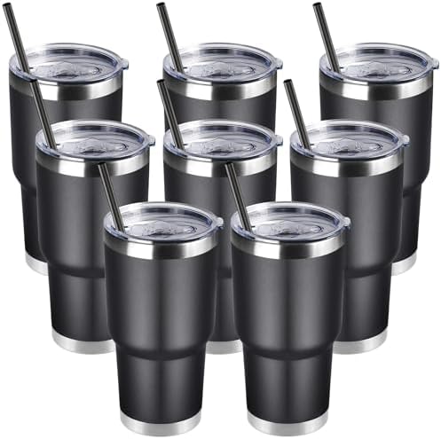 DOMICARE 30oz Tumbler Bulk with Lid and Straw, Double Wall Travel Coffee Mug, Insulated Vacuum Stainless Steel Tumblers, Powder Coated Tumbler Cup (Black, 8) by VisittheDOMICARE