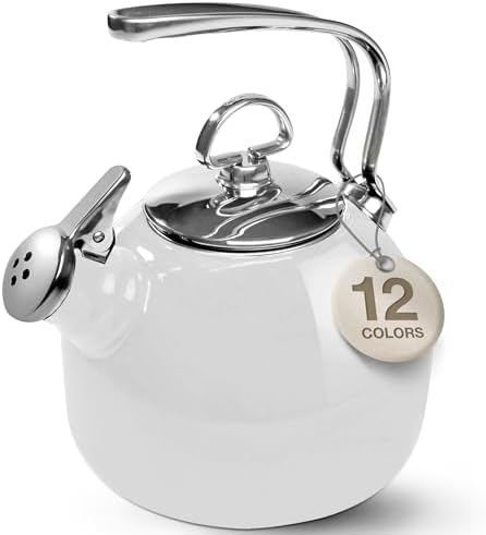 Chantal Classic Teakettle, 1.8 QT, Enamel On Steel, 2-Tone Harmonica Whistle, Rapid Boil and Even Heating (White) by Chantal