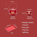 Chinese Wedding Tea Set, Red Porcelain Teapot, 8 Cups, Tray and Gift Box - Image 3