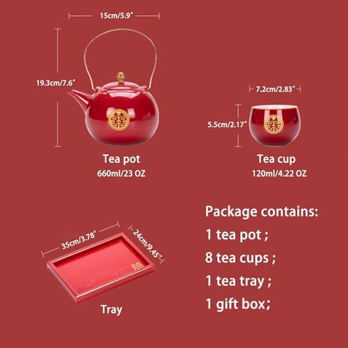 Chinese Wedding Tea Set, Red Porcelain Teapot, 8 Cups, Tray and Gift Box - Image 3