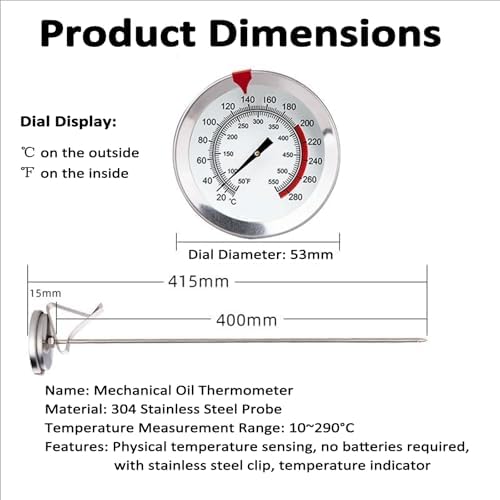 19.6" Long Stem Deep Fry Thermometer with Pot Clip, Mechanical Oil Temperature Gauge, 2.08" Dial Meat, Instant Read, 50-554℉ Range, for Deep Fry, Turkey, Grill - Image 2