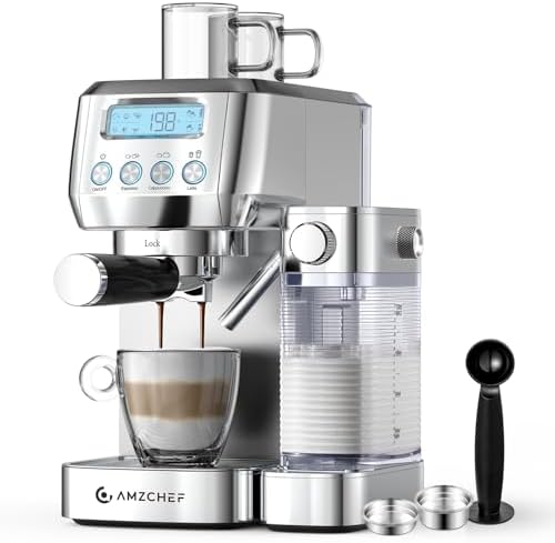 AMZCHEF Espresso Machine, Auto Milk Frother, 20 Bar Pressure, Silver by AMZCHEF