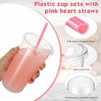 Ziliny 100 Sets 20 oz Clear Plastic Cups with Heart Shaped Straws and Lids - Image 4