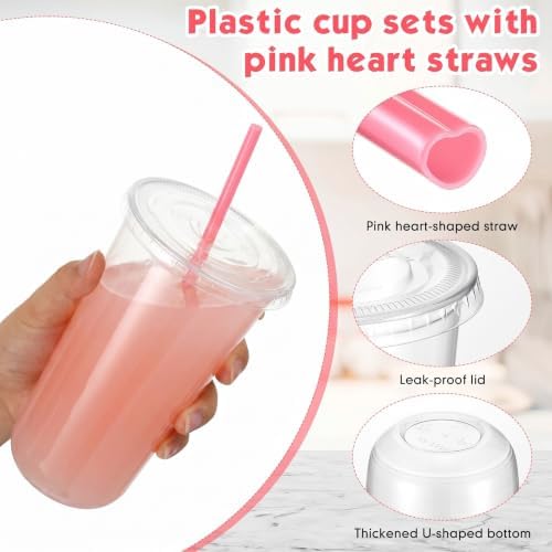Ziliny 100 Sets 20 oz Clear Plastic Cups with Heart Shaped Straws and Lids - Image 4