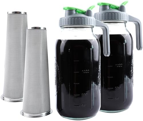 Cold Brew Coffee Maker 64 Oz Mason Jar Iced Tea Pitcher With Strainer 2 Set Half Gallon Glass Pitcher With Spout Lid 2 Quar Water Jug For Fridge Beverage, Sun Tea, Hot Cold Brew, Lemonade, Juice by GMCOZY