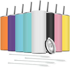 8 Pack Stainless Steel Skinny Tumbler, 20 OZ Double-Insulated Water Tumbler Cup with 8 Straw and 4 Brush, Vacuum Travel Mug Gift for Hot Cold Drinks with Cleaning(Assorted Colors) by Deitybless