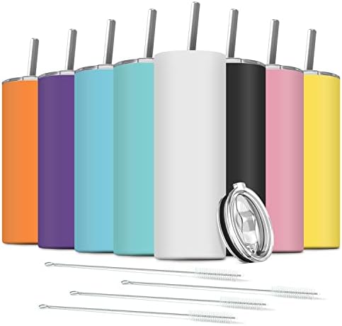 8 Pack Stainless Steel Skinny Tumbler, 20 OZ Double-Insulated Water Tumbler Cup with 8 Straw and 4 Brush, Vacuum Travel Mug Gift for Hot Cold Drinks with Cleaning(Assorted Colors) by Deitybless