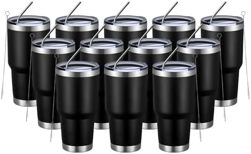 MEWAY 30oz Insulated Tumbler With Lids and Straws,Stainless Steel Double Vacuum Coffee Tumbler Cup, Brush, Durable Powder Coated Coffee Cup for Cold & Hot Drinks, Office, Travel(Black,12 PACK) by MEWAY