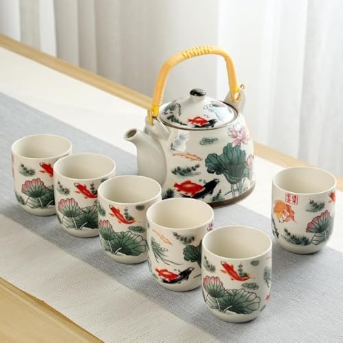27oz Large Teapot Set Ceramic Tea Maker with Stainless Steel Infuser for Loose Leaf Tea or Bags Tilting Pot Floral Tea Kettle with 6pcs Cups (Lotus) by MOZEO