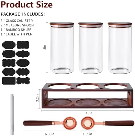 ZOMUIA Glass Coffee Containers Airtight Coffee Bean Storage Canisters with Shelf, 3Pcs 44oz Coffee Station Organizer, Kitchen Food Storage Jars for Sugar, Candy, Oats, Nuts (Retro) - Image 2