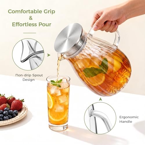 2 Pack Glass Pitcher with Lid and Handle for Fridge, Iced Tea and Coffee Carafe Beverage Serveware, 2 Liters/68 oz Heat Resistant Borosilicate Water Jug for Hot/Cold Drinks - Image 6