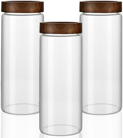 3 Pack 50 fl oz/1500 ml Clear Glass Storage Canister with Airtight Wooden Screw On Lid, Large Tall Decorative Glass Container Jar Set for Coffee, Nut, Tea, Candy, Cookie, Cereal, Sugar, Flour by MOLADRI