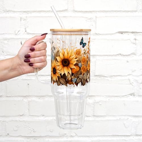 Sip-Sip Hooray! Wildflower 40oz Glass Tumbler with Handle, Lid and Straw, Floral Iced Coffee Cup for Women, Flower Lover Gift, Large Botanical Drinkware - Image 2