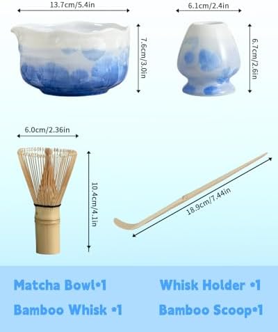 Natural Crystal Flower Matcha Set - 4 Pcs Food Grade Matcha Kit with Spouted Bowl, Matcha Whisk, Scoop and Chasen Holder - Matcha Tea Ceremony Gift for Matcha Lovers (Mist Azure) - Image 5