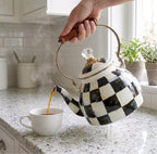 Checkered Tea Kettle for Checkered Kitchen Decor - Black and White Tea Kettle for Stovetop - Stylish Enamel Teapot with Wooden Handle - Vintage Classic Teapot with Elegant Lid & Knob- 2.5 Quart - Image 4