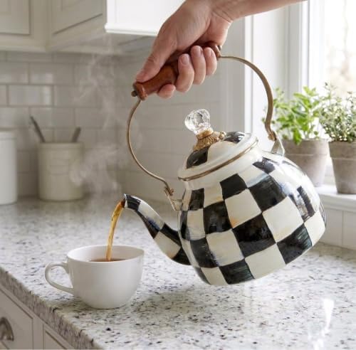 Checkered Tea Kettle for Checkered Kitchen Decor - Black and White Tea Kettle for Stovetop - Stylish Enamel Teapot with Wooden Handle - Vintage Classic Teapot with Elegant Lid & Knob- 2.5 Quart - Image 4