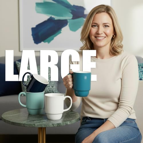 Stackable Porcelain Coffee Mug Set of 4 – 20oz Jumbo Capacity, Space-Saving Ceramic Mugs with Large Handle for Kitchen & Coffee Bar, Microwave & Dishwasher Safe Modern Home Gift - Image 3