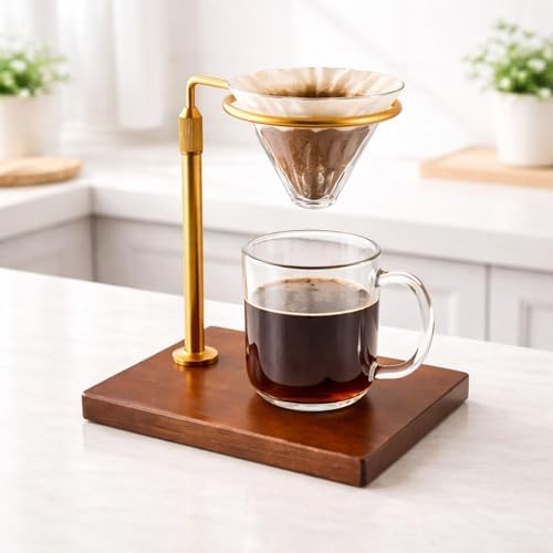Coffee Dripper Stand Portable Hand Brewer Pour Over Coffee Maker Holder Wooden Alloy Base Suitable for Home, Gold - Image 4