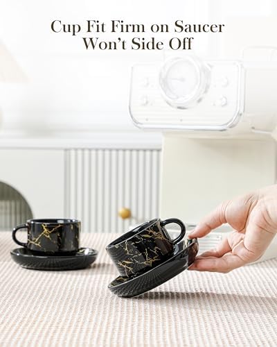 MALACASA 4 OZ Porcelain Espresso Cups with Saucers and Metal Stand Set of 4, Stackable Cappuccino Cups, Marble Black Expresso Shots Cup Set for Coffee Drinks, Latte, Tea - Image 6