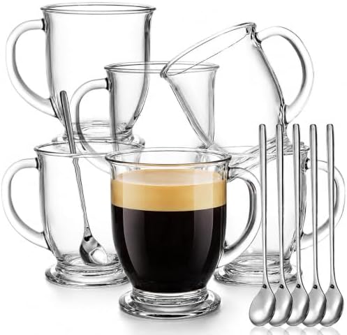 6 Pack Glass Coffee Mugs with 6 Spoons, 15 OZ Clear Drinking Glasses with Handle, Large Espresso Cup, Hot Cold Beverage Glassware Set for Water, Tea, Cappuccino, Latte, Juice, Cocoa, Milk by YIMITEE
