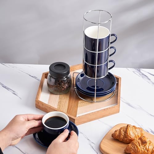 8 Ounce Stackable Cappuccino Cups with Saucers and Metal Stand - Image 4